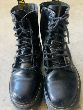 Dr. Martens Black Leather Lace-Up Platform Boots with Yellow Stitching